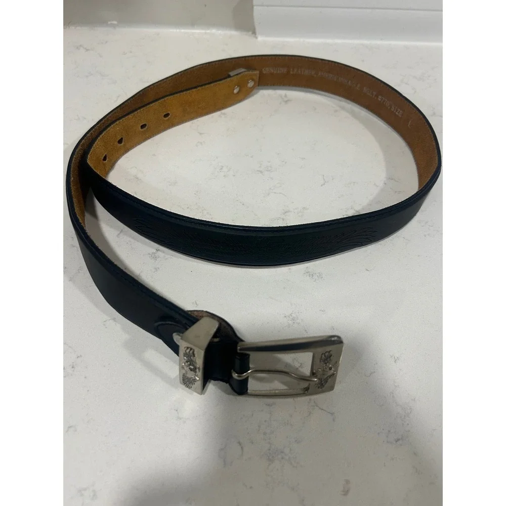 Mens Black Leather Belt Eagle USA Embossed‎ Silver Buckle Size L